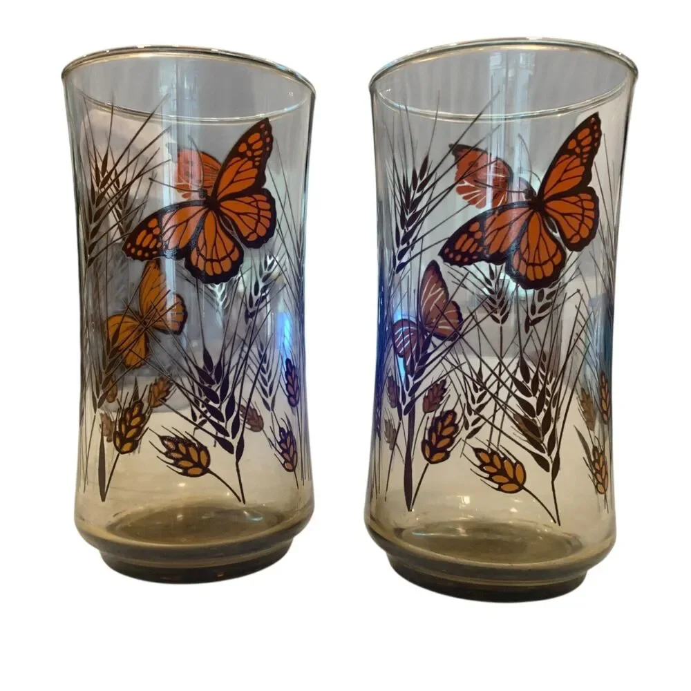 Vtg Libby Drinking Juice Glass Set of 2 Monarch Butterfly Wheat Orange MCM 12 oz